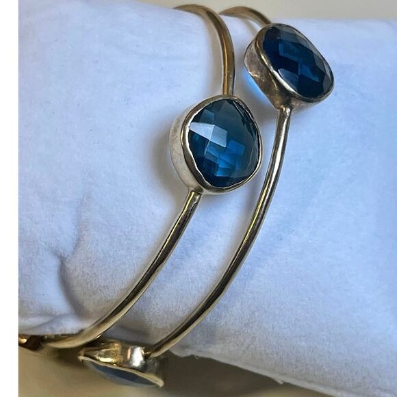 Julie Vos Gold Bangles Set of 3 Blue Stone Stackable Bracelets Boho Layered - Picture 6 of 11